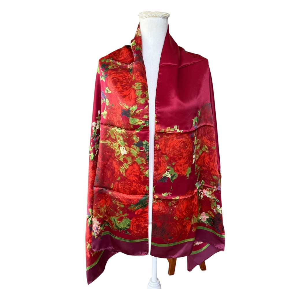 Metropolitan Museum of Art Silk Scarf Red Floral Rose Print Made in Italy 26x67